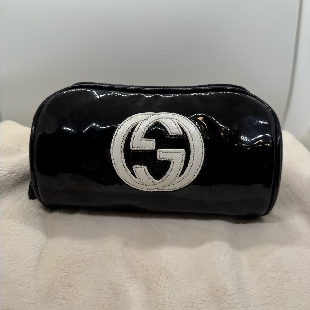 Gucci Black Patent Leather Pouch with White Logo